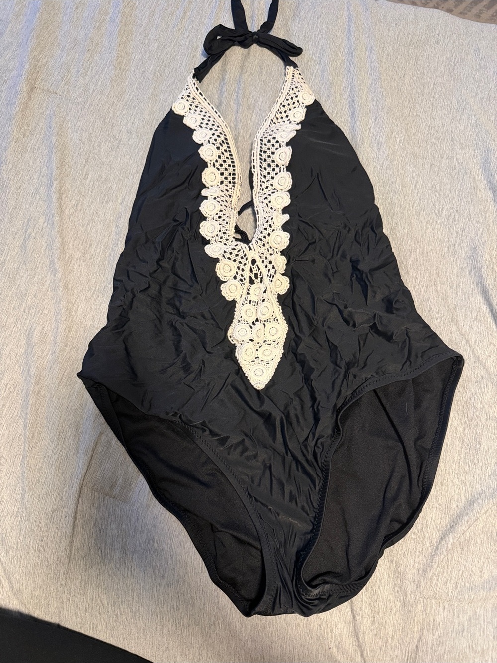 Shade & Shore Black One-Piece Swimsuit with Cream Crochet Plunge